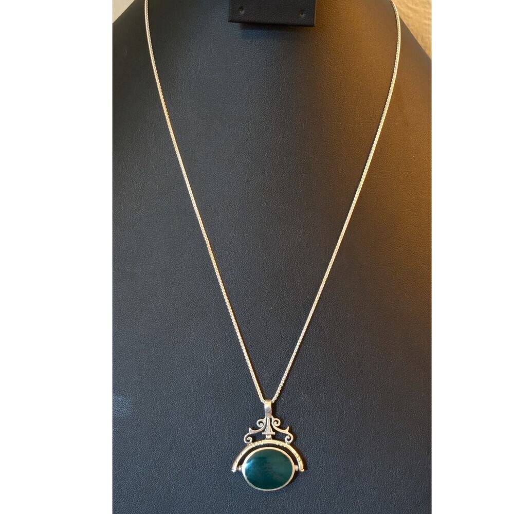 Vintage 925 Sterling Black/Green Stone Spinner Pendant Adjustable Chain Necklace